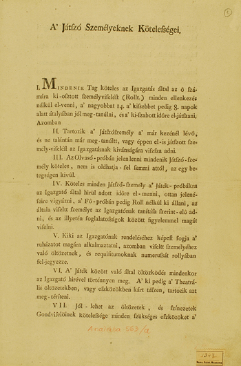 Az első magyar színjátszó társaság alkotmányának részlete